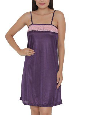 Clovia Women's Satin Short Nighty with Lace