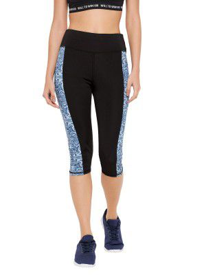 Clovia Women's Snug Fit High-Rise Active Capri with Marble Print Panels in Black