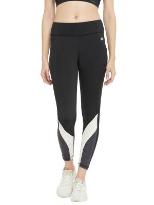 Clovia Women's Snug Fit High Rise Active Tights with Contrast Panels in Black