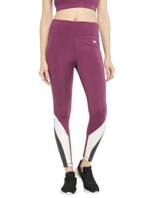 Clovia Women's Snug Fit High Rise Active Tights with Contrast Panels in Purple
