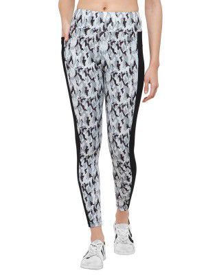 Clovia Women's Snug Fit High-Rise Camouflage Print Active Tights with Side Pocket in White