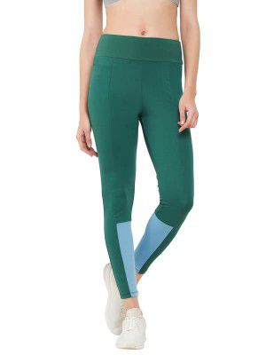 Clovia Women's Snug-Fit High Rise Colourblocked Active Tights in Green
