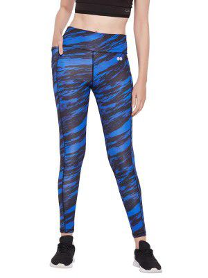Clovia Women's Snug Fit High-Rise Printed Active Tights with Side Pockets in Blue