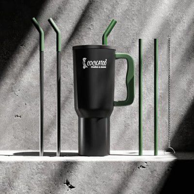 Cockatoo Stainless Steel Double Insulated Tumbler Water Bottle for Hot, & Cold Drink, 2 LID & 2 Brushes|1.2L Black