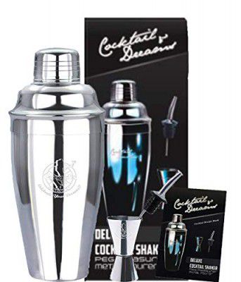 Cocktail & Dreams, Stainless Steel Premium 4 Pieces Professional Cocktail Bar Set - 24oz Cocktail Shaker with Built-in Strainer, Jigger, Metal Pourer & Recipe Book - SZ08