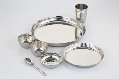 Coconut Bindi Stainless Steel Dinner Set with Side Bindi Design - Set of 7