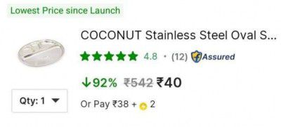 COCONUT Stainless Steel Oval Shape Partition Plate - 1 Unit (32 cm) 