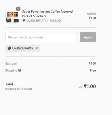 Super Power Instant Coffee Assorted Pack of 5 Sachets ₹1 + Free Shipping