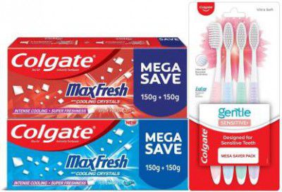 Colgate MaxFresh Red - 300g & Blue - 300g Toothpaste with Gentle Sensitive Toothbrush - 4pcs 