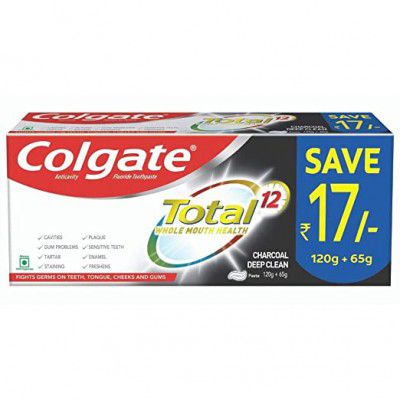 Colgate Total Anticavity Fluoride Toothpaste, Charcoal Deep Clean, 185g (120g + 65g)
