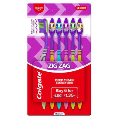 Colgate Zigzag Deep Clean Manual Toothbrush For Adults, Pack Of 6 Medium Multicolour Soft Tooth Brush, Antibacterial With Compact Brush Head For Deep & Complete Cleansing