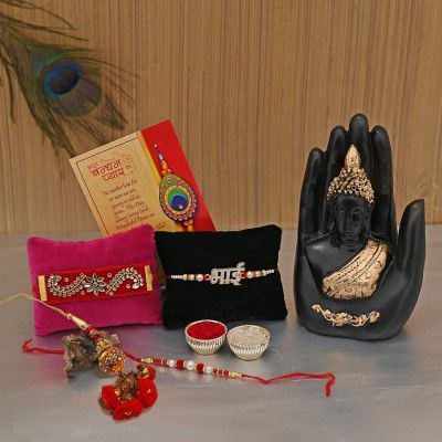 Collectible India Combo Rakhi Gift for Brother and Bhabhi Kids with Gift Set, Palm Buddha Showpiece Rakshabandhan Gifts for Bhai Sister - Fancy Rakhi with Gift Hamper (Palm Buddha)