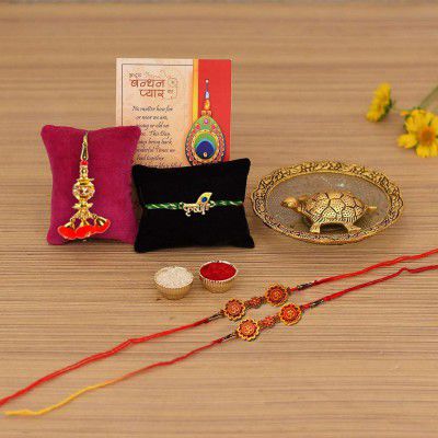 Collectible India Rakhi Combo Set for Brother - Rakshabandhan Gift for Bhaiya Bhabhi - Metal Tortoise Vastu Showpiece, Rudraksha Rakhi, Lumba Rakhi, Greeting Card Rakhi Gifts for Brother