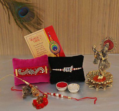 Collectible India Rakhi for Brother and Bhabhi Kids with Gift Combo - Rakshabandhan Gifts for Sister - Krishna Idols Statue for Home Decor, Bhai Rakhi, Designer Lumba Rakhi for Bhabhi, Greeting Card