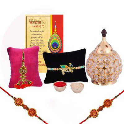 Collectible India Rakhi Gift Combo Set - Rakhi for Brother - Rakhi for Rakshabandhan Gifts for Bhaiya Bhabhi- Akhand Crystal Diya Oil Lamp,Krishna Rakhi,Rudraksha Rakhi, Lumba Rakhi