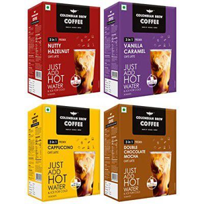 Colombian Brew 3 in 1 Assorted Instant Coffee Premix Café Latte, Cappuccino, Hazelnut, Vanilla Caramel, Double Choco Mocha, 10 Sachets Box Buy 3 Get 1 Free