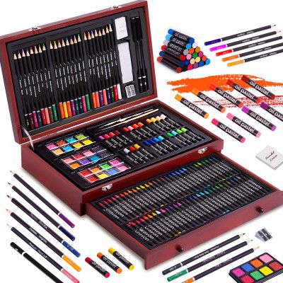 Color More Deluxe Art Set Painting and Drawing Kit with Crayons, Oil Pastels, Colored Pencils, Watercolor Cakes, Sharpener, Sandpaper in Portable Wooden Case (143 Pieces)