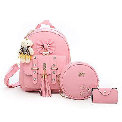 COMFABIE 3-PCS Fashion Cute Stylish Leather Backpack & Sling Bag Set for Women, School & College Girls
