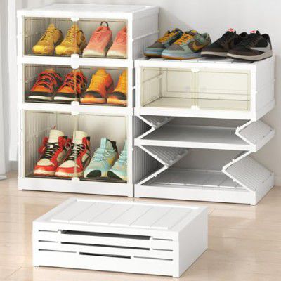 COMFYHOME 3-Tier 6 Pairs Sneaker Containers, Foldable Shoe Rack for Home Plastic, w/Magnetic Door&4 Wheels, Stackable Shoe Organiser,Shoe Stand for Tall Boots Sneaker, Max. Load Capacity 100lbs