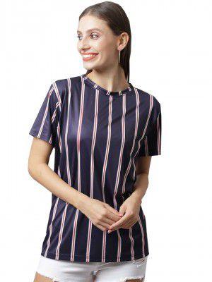 CONSENSUS Women's Oversized Round Neck Polyester Striped T-Shirt