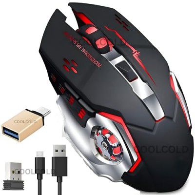 COOLCOLD Gaming Mouse | Rechargeable, Wireless Gaming Mouse | with Type c OTG Dongle, 2.4Ghz RGB Lights Mice, Upto 2400 DPI 6 Button, 4 Color Breathing Lights, Distance-10m, (Black)