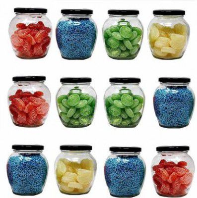 Coozico Kitchen Storage Glass Jar & Container 400 ml Glass (Pack of 12, Black)