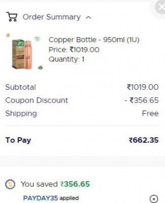 ZANDU Copper Bottle - 950ml