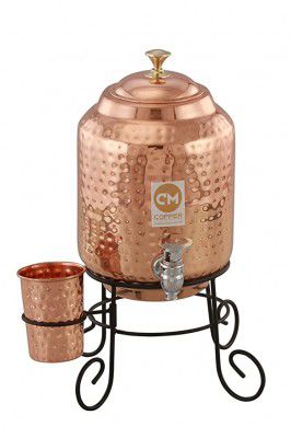 Copper-Master 5 Litre Hammered Copper Water Dispenser (Matka/Pot) Container Pot with 1 Copper Glass and Stand (5000 ml)