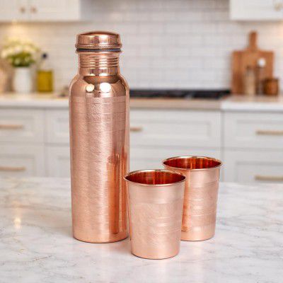 Copper Water Bottle with 2 Glass | 1 Liter Leak Proof Reusable Copper Drinking Bottle | Ayurvedic Copper Bottle for Daily Hydration, Home, Office & Travel