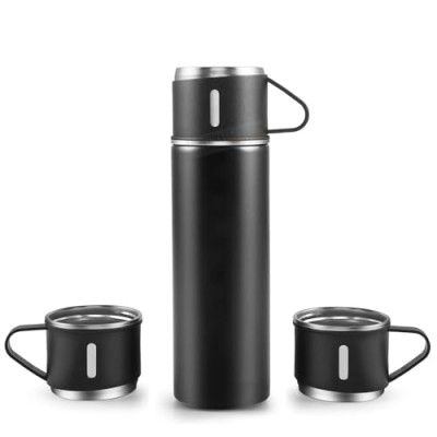 CORPORATE PORIUM Double Wall Stainless Steel Thermo - 500ml Vacuum Insulated Bottle Water Flask Gift Set with Two Cups Hot & Cold