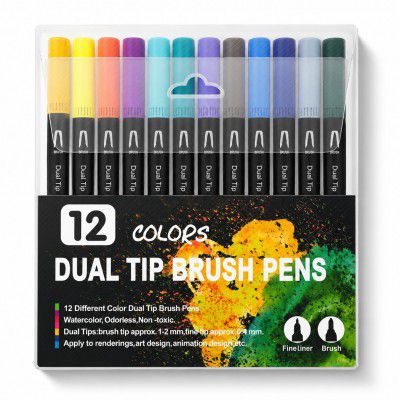 Corslet 12 Pcs Dual Tip Brush Pens Vibrant Colours 