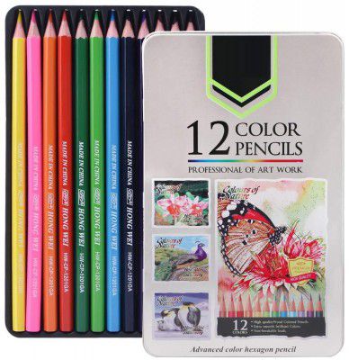 Corslet 12 Shades Color Pencil Set Hexagonal Colour Pencils Set with Iron Box Pencil Colours for Painting Coloring Pencil Colour Set for Adult Artists Colouring Books Students Kids School Art Supplies