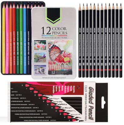Corslet Set of 24 Non-Toxic Art Pencils for Drawing and Shading, Includes 12 Pcs Oil Colour Pencils and 12 Pcs Graphite Sketch Pencils