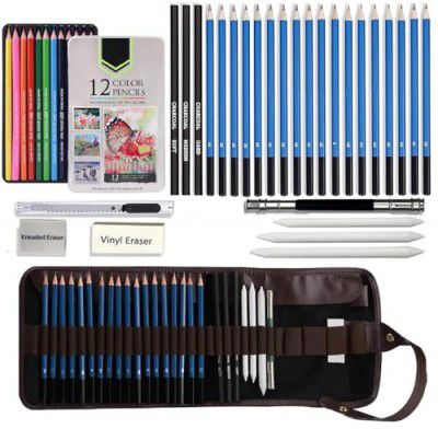 Corslet Set of 41 Art Supplies, Includes 12 Pcs Oil Colour Pencils and 29 Pcs Drawing Pencil Set with Graphite Charcoal Pencils and Tools