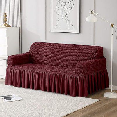 Cortina Elastic Stretchable Universal Sofa Cover with Skirt, Two Seater (140-180 Centimeters), Maroon