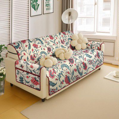 Cortina Reversible Quilted Sofa Cover with Pockets (White/Red, 3 Seater)