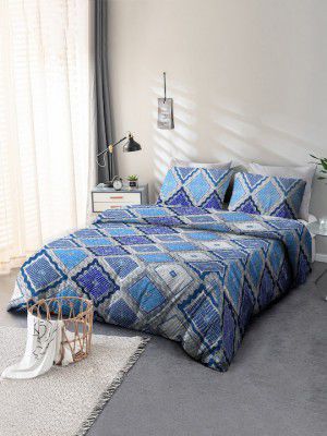 Cortina Teal & White Geometric 160 TC King Bedsheet with 2 Pillow Covers