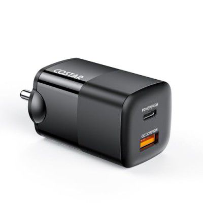 Costar 65W GaN Dual Port Fast Charger Qc/Pd, 2 in 1 USB & Type C Fast Charger Adapter