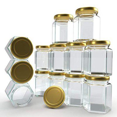 COTIT hexagon Design 250 Gram (ml) Glass jar with Airtight Black Lid for Masala Storage Jar, Candy, Spice, Kitchen Jar and Container (Gold lid, 6)