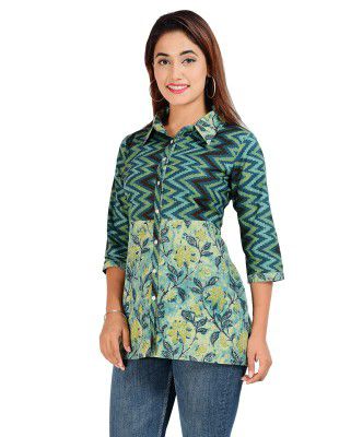 COTLAND Fashions Jaipuri Cotton Zig-Zag Printed Collar Shirt for Women