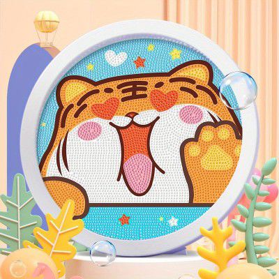 Cots and Cuddles 2pc DIY Diamond Painting Kit with Round Wooden Frame for Kids Age 4 5 6 Art and Craft Activity (Tiger & Dino)