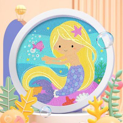 Cots and Cuddles 2pc DIY Diamond Painting Kit with Round Wooden Frame for Kids Age 4 5 6 Art and Craft Activity (Unicorn & Mermaid)