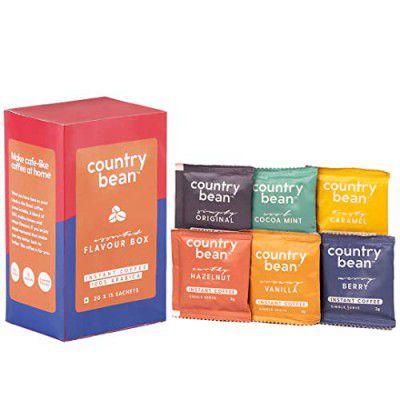 Country Bean Instant Granule Coffee Assorted Flavour Box - 15 Sachets, (2g x 15) | 7 sachet flavours - Hazelnut, Caramel, Vanilla, Blueberry Muffin, Strawberry Cheesecake, Mint & Original | 100% Arabi