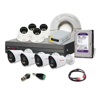 CP Plus 2.4MP Indoor Dome Cameras (4Pcs), Outdoor Bullet Cameras (4pcs), 8CH DVR Without HD, 8CH Power Supply, 90 MT Co-Axial Cable, 2TB HDD, HDMI Cable, BNC & DC