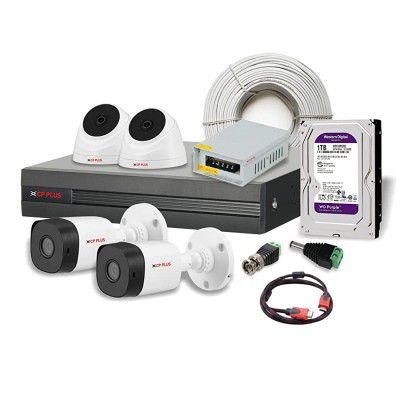 CP Plus 2.4MP Night Vision Outdoor Bullet Camera (2 Pcs), Indoor Dome Camera (2 Pcs), 4CH DVR Without HD, 90 MT Co-Axial Cable, 4CH Power Supply, 1TB HD, HDMI, BNC & DC