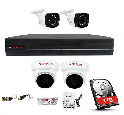 Cp Plus 4 Channal HD DVR 1080p 1Pcs,Outdoor Camera 2.4 MP 2Pcs,Indoor Camera 2.4 MP 2Pcs,1 TB Hard Disk with USEWELL BNC/DC Full Combo Set