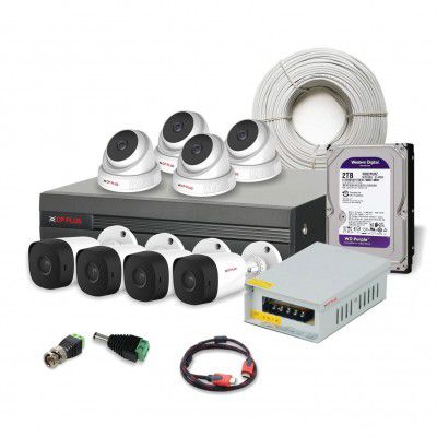 CP PLUS 5MP Night Vision Dome Camera (4 Pcs), 5MP Night Vision Outdoor Bullet Cameras (4 pcs), 8CH DVR Without HD, 8CH Power Supply, 90MT Co-axial Cable, 2TB Hard Disk , HDMI Cable, BNC & DC