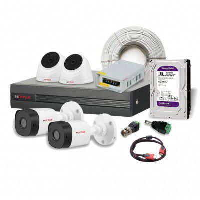 CP PLUS Wired 2.4MP Night Vision Outdoor Bullet Camera 2 Pieces, Indoor Dome Camera 2 Pieces, 4CH DVR Without HD, 90 MT Co-Axial Cable, 4CH Power Supply, 1TB HD, HDMI, BNC & DC, White
