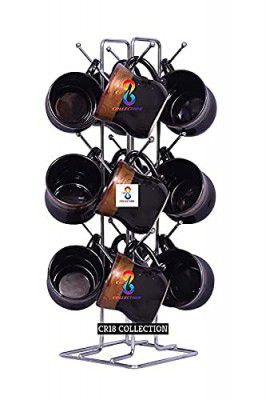 CR18 COLLECTION Big Size New Kitchens Stainless Steel Round Shape Cup Stand Pieces Coffee & Tea Mug Holder | 12 Hooks for Cups & Mugs (Color: Silver,12 Cups Stand)