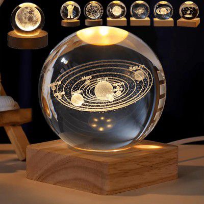 Crackles 3D Crystal Ball Night Lamp, Creative Engraved Night Light for Kids Room, USB Table Lamp with Wooden Base